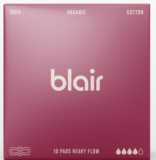 Box of organic cotton pads labeled blair, contains 10 heavy flow pads, with a pink to purple gradient background.