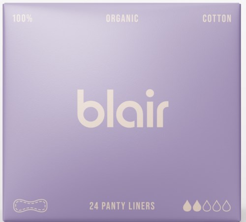 Lavender purple box with white text and icons, showing the brand Blair and product details for panty liners.