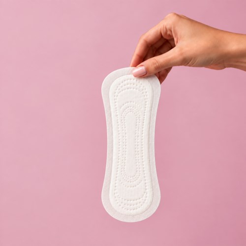 Hand holding a sanitary pad against a pink background.