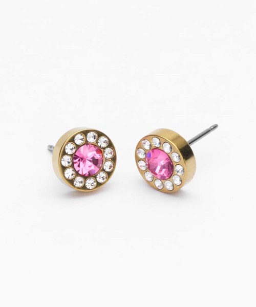 Guldörhängen med rosa mittsten omgivna av små klara stenar. Enkelt och elegant smyckedesign.