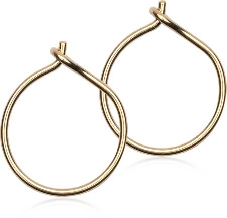Simple gold hoop earrings with twisted design, hanging freely. Bright and shiny, they look elegant and stylish.