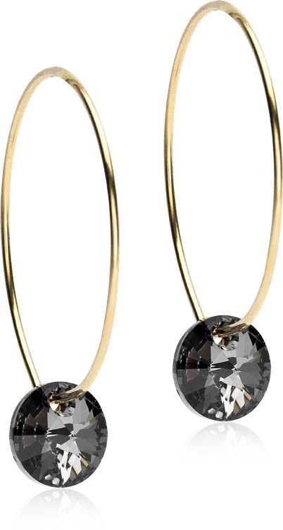 Gold hoops with black gemstone pendants hanging at the bottom.