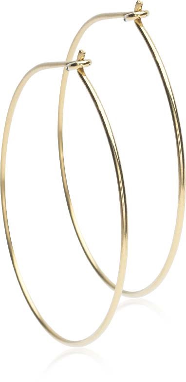 Gold hoop earrings with a thin, sleek design and small clasp.