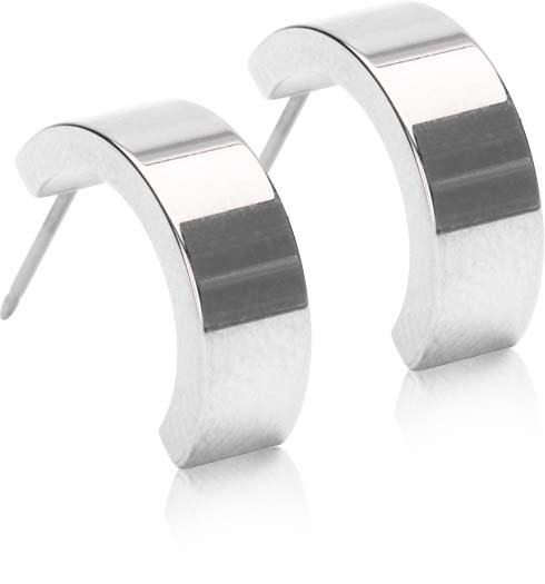 Silver hoop earrings with a thick, shiny design, reflecting light and showing a smooth surface.