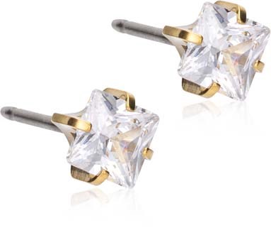 A pair of silver earrings with big, clear, square-shaped gemstones and gold settings.