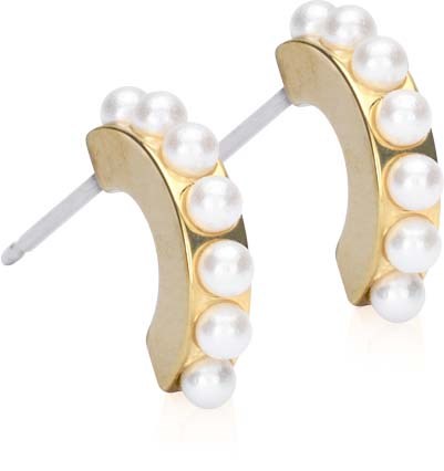 Gold earrings with white pearls, curved shape, and stud backing.