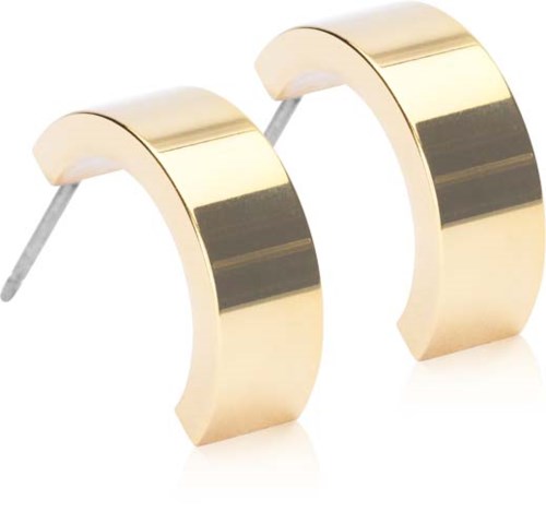Golden hoop earrings with a shiny, reflective surface and a modern, bold design.