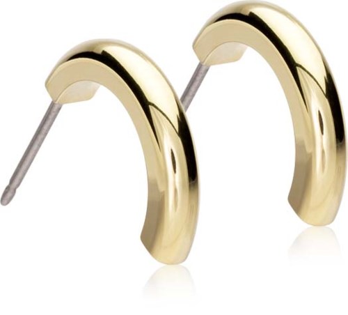 Gold hoop earrings with a shiny, smooth surface, curved shape, and metal posts for piercing.