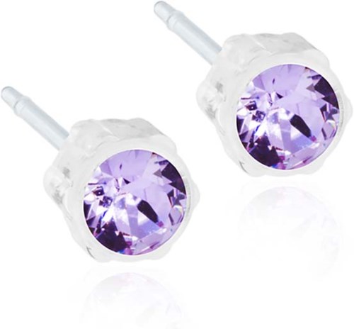 Small purple gemstone stud earrings shown, with metallic posts. Simple jewelry, bright and shiny.