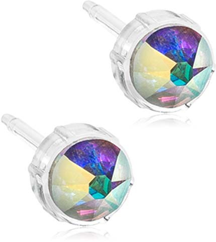 Colorful reflective earrings with a clear backing, shaped like small round discs with a cut-glass look.