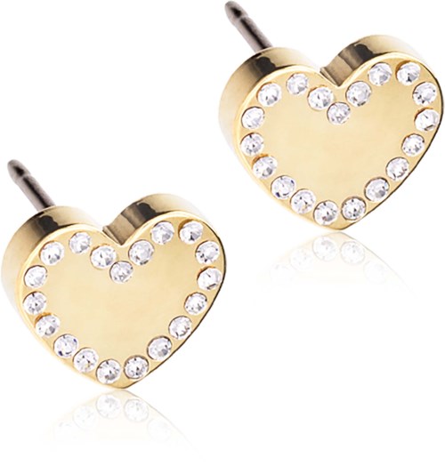 Gold hearts with small shiny crystals around the edges, on a white background.