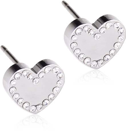Heart-shaped earrings with small shiny stones around the edges.