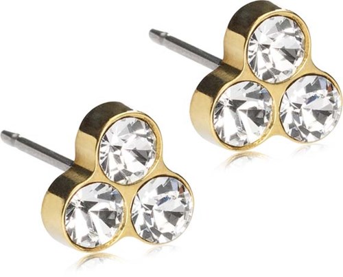 Guldringe med tre store klare ædelsten hver. Enkle, elegante med metal og glitrende design.