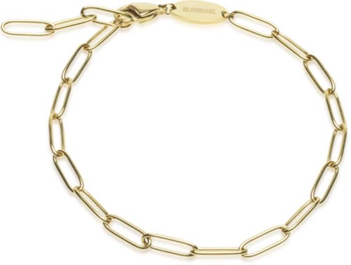 Ein goldener Kettenanhänger mit großen ovalen Gliedern und einem Verschluss. Die Kette ist in einer kreisförmigen Form.