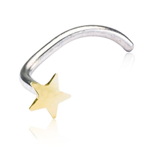 Ein gebogener silberner Stab mit einem goldenen Stern an einem Ende, ähnelt einem Dekorations- oder Schmuckstück.