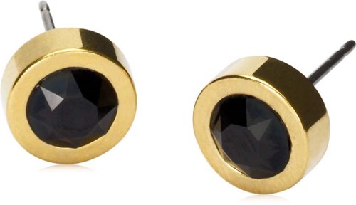 Gold earrings with large black stones, round shape, simple elegant design.