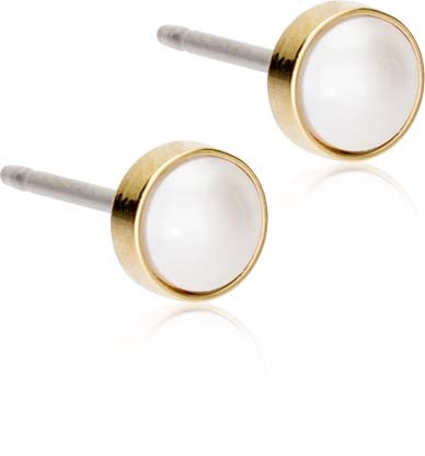 Round white earrings with gold edges and gray posts.