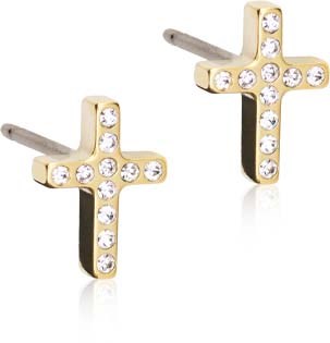 Gold cross earrings decorated with small clear rhinestones.