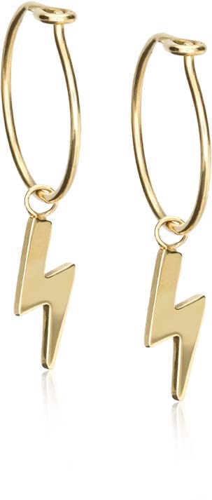 Gold hoop earrings with lightning bolt charms hanging from each earring.