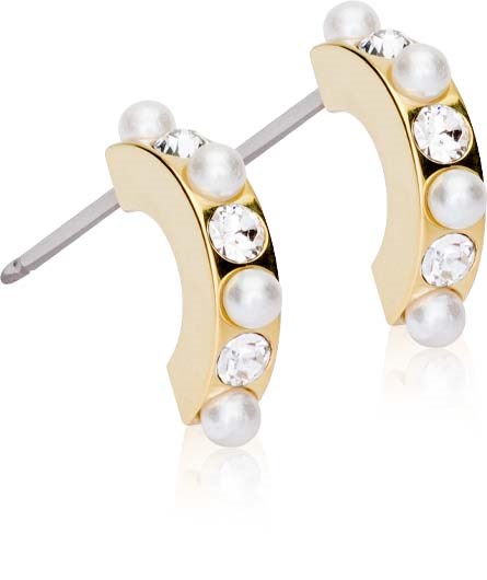 Gold earrings with pearls and clear rhinestones, hoop shape, stud style.
