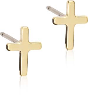 Gold cross earrings with post backs on a white background.
