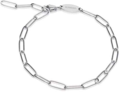 A silver chain bracelet with elongated links and a clasp, displayed on a black background.