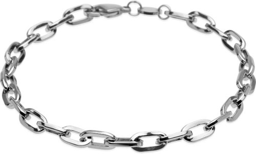 A silver chain with large oval links arranged in a loop.