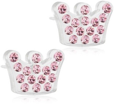 Två små kronorformade klipp med rosa rhinestones, placerade bredvid varandra.