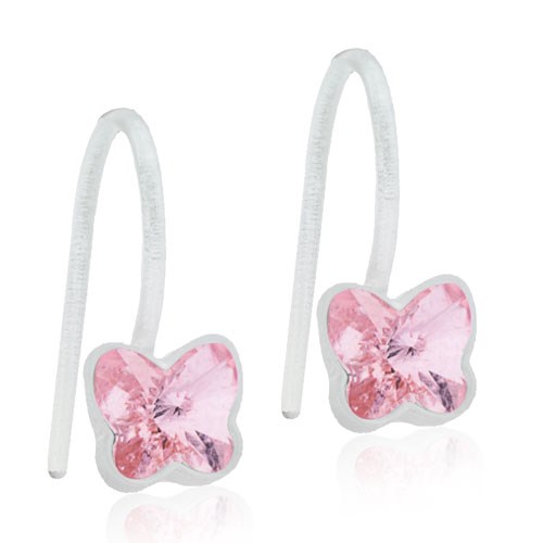 Pinke schmetterlingsförmige Ohrringe mit gebogenen weißen Haken, für Ohrlöcher.
