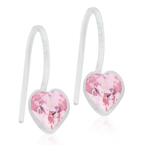 Heart-shaped earrings with pink gemstones and white hooks.