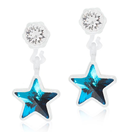 Star-shaped earrings with blue and black design, attached to clear studs with rhinestones.