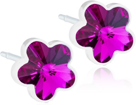 Pinke blumenförmige Ohrringe mit violettem Stein und weißem Rücken. Einfach, farbenfrohes Schmuckstück.