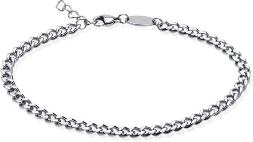 Ein glänzendes silbernes Kettenarmband mit Verschluss, einfaches Design, auf weißem Hintergrund.