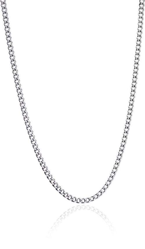 Eine silberne Kette mit kleinen, verbundenen Ringen auf weißem Hintergrund.