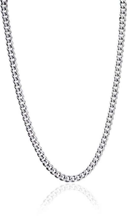 Eine silberne Kette mit dicken, runden Gliedern hängt vor weißem Hintergrund.