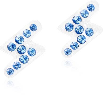 Two small rectangular patches decorated with blue rhinestones arranged in a pattern. Reflective surface underneath.