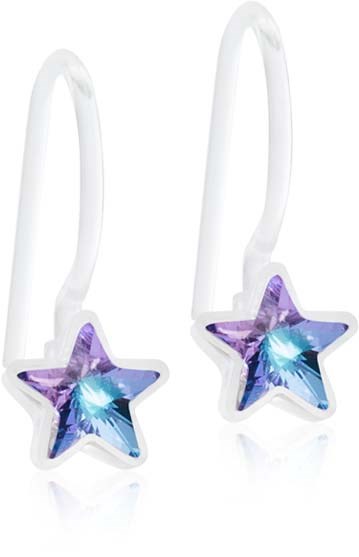 Star-shaped earrings with purple and blue gradient colors and a shiny, reflective surface. They have white hooks.