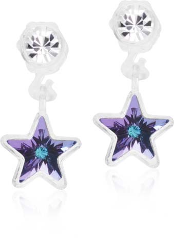 Star-shaped earrings with purple and blue colors and clear stones at the top.