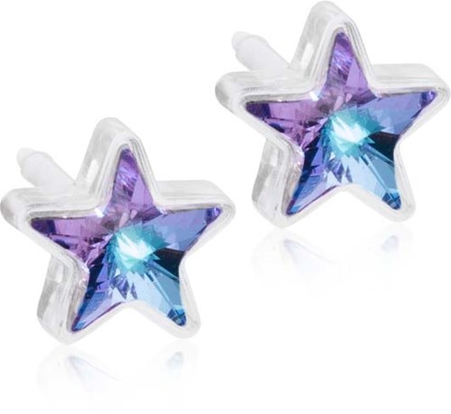 Star-shaped earrings with purple and blue gem-like colors and clear star outlines.