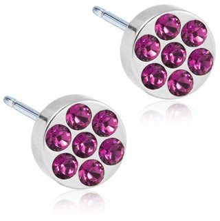 Silver earrings with eight pink gemstones on each piece. Simple, round, and shiny design. Elegant accessory.