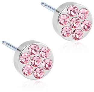 Round earrings with nine pink gemstones each, set in silver, shiny and decorative.