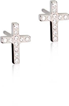 Sølvkorsformede øredobber med små, klare rhinestones.