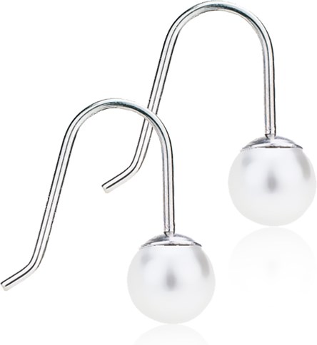 Två örhängen med pärlklot hängande från böjda metallhakar.