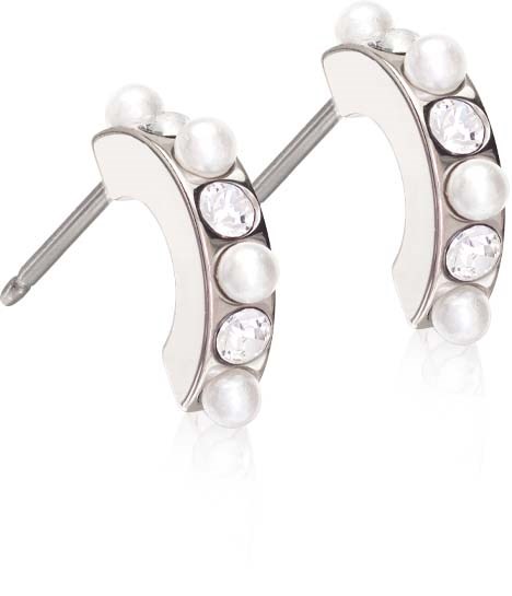 Silver earrings with pearls and clear stones, curved design, simple and elegant.