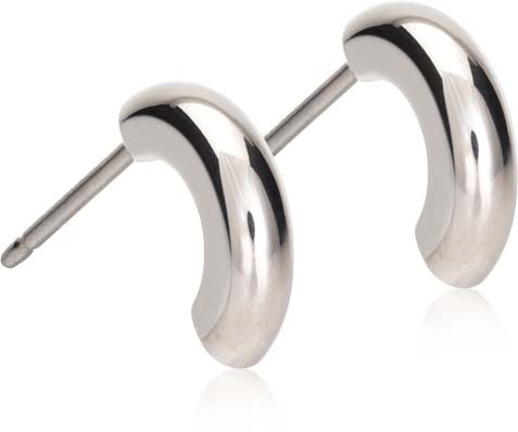 Silver hoop earrings with a smooth, shiny surface on a white background.