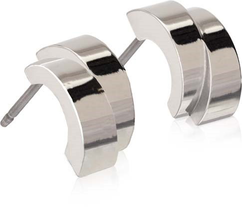 Silver geometric-shaped stud earrings with curved design. They are shiny and modern.