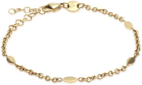 Et guldbelagt armbånd med små, ovale vedhæng og kædelænker, forbundet med en lås.
