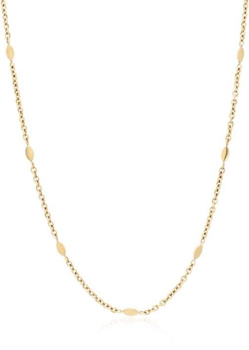 Eine goldene Halskette mit kleinen ovalen und Kettengliedern. Einfaches und elegantes Design.
