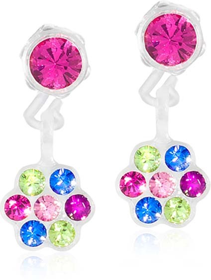 Kleurrijke oorsieraden met roze, groene, blauwe en paarse edelstenen in bloemvorm.