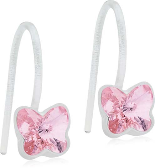 Pink butterfly-shaped earrings with white hooks.